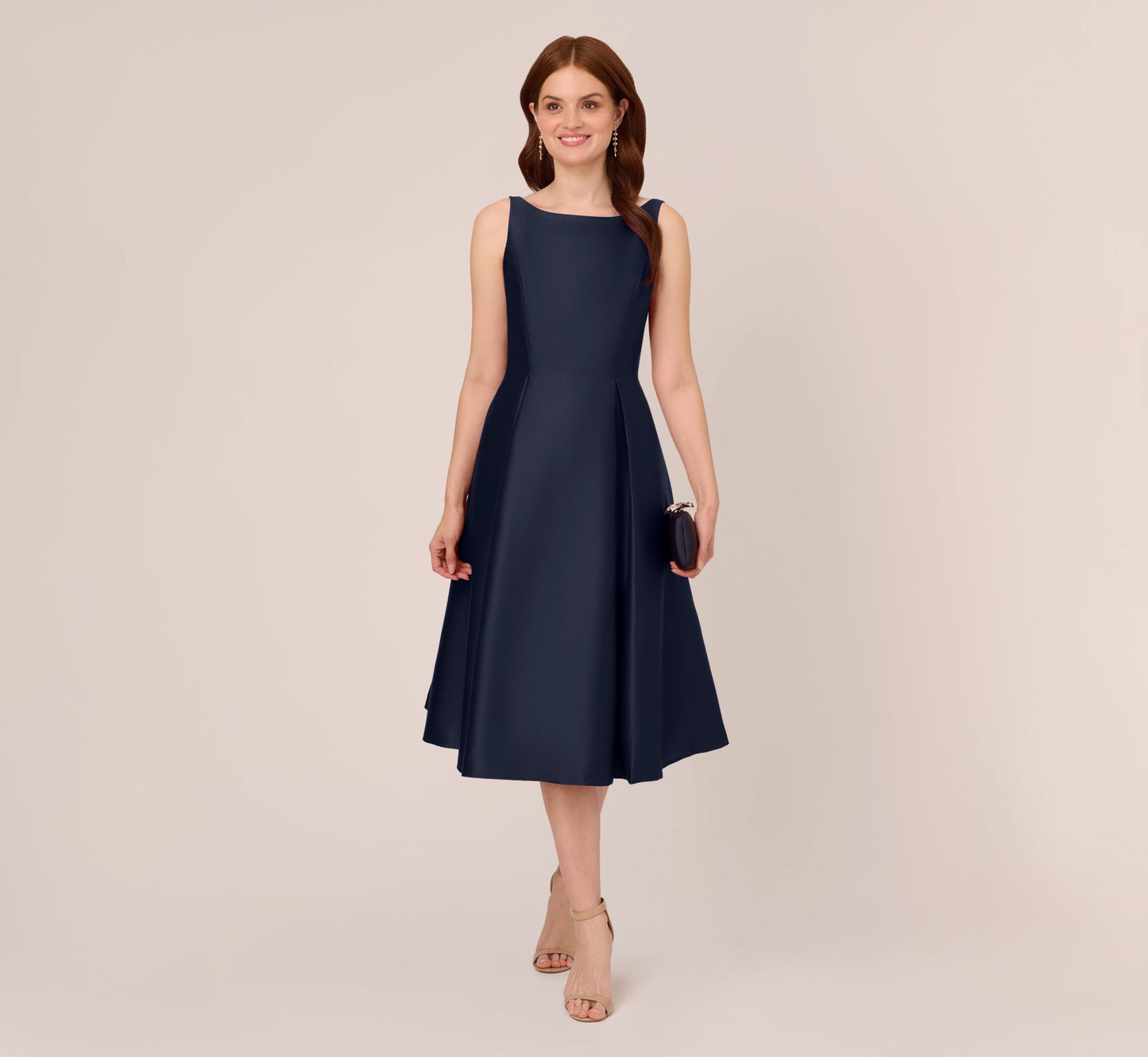 Sleeveless Mikado Fit And Flare Midi Dress With V-Back In Midnight