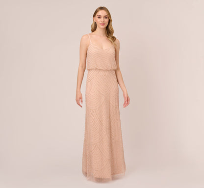 Art Deco Beaded Blouson Gown In Blush
