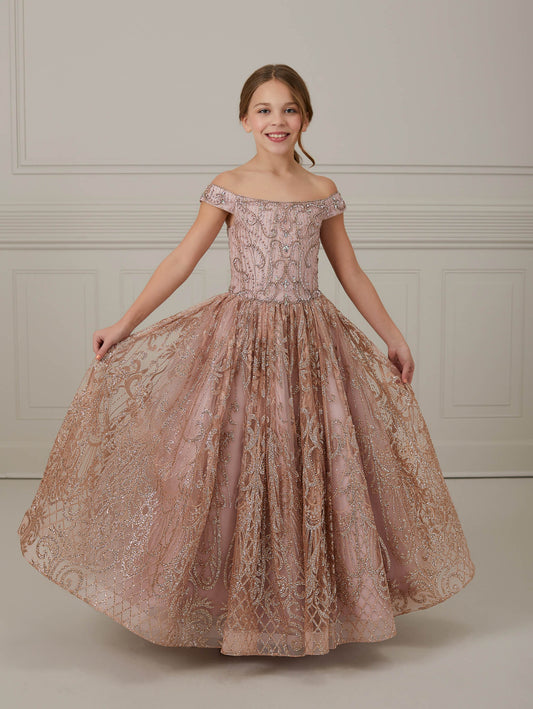 Glitter Floral Tulle Off-Shoulder A-Line Gown