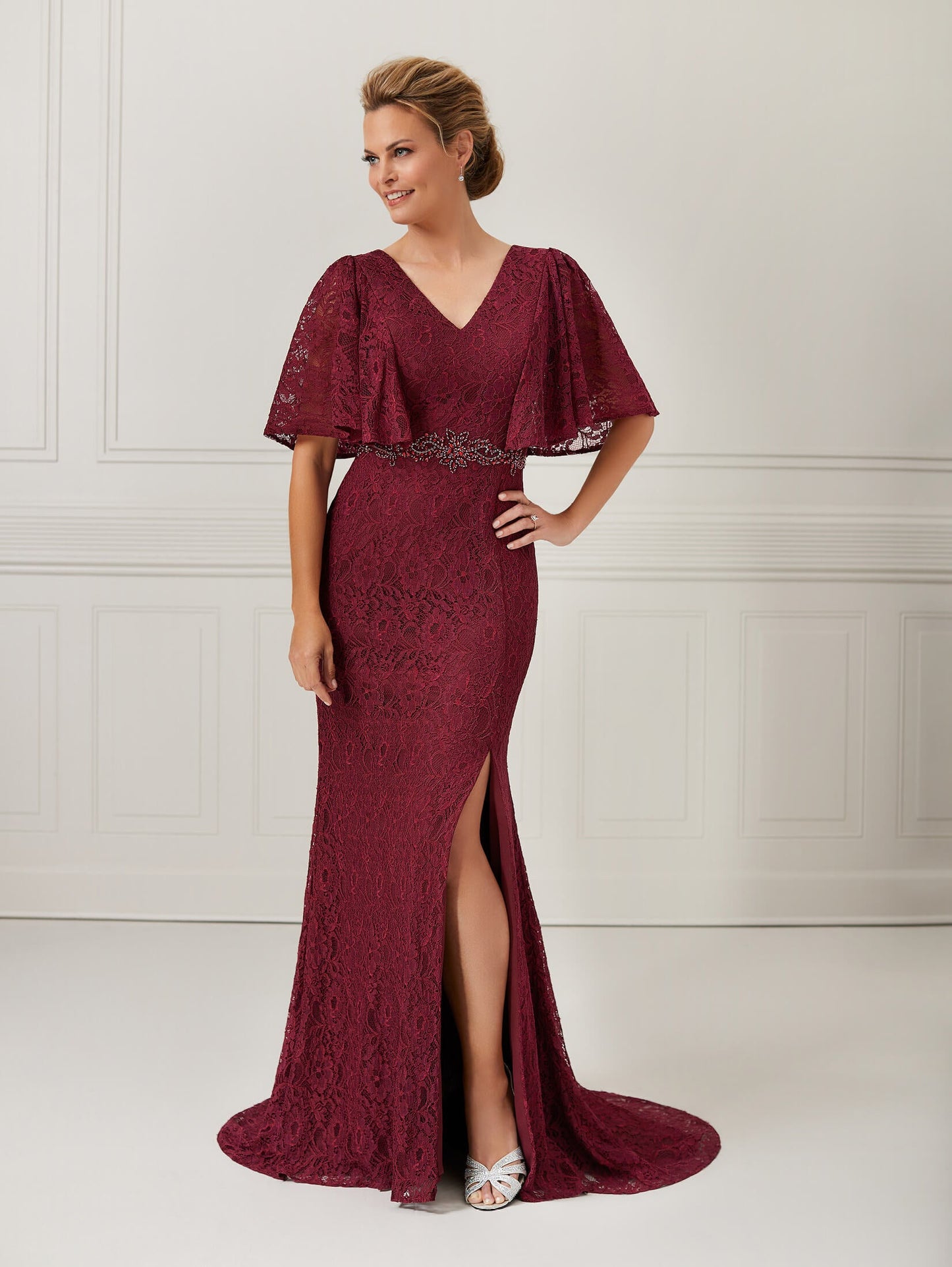 3/4-Sleeve Lace Ruffle-Sleeve Dress