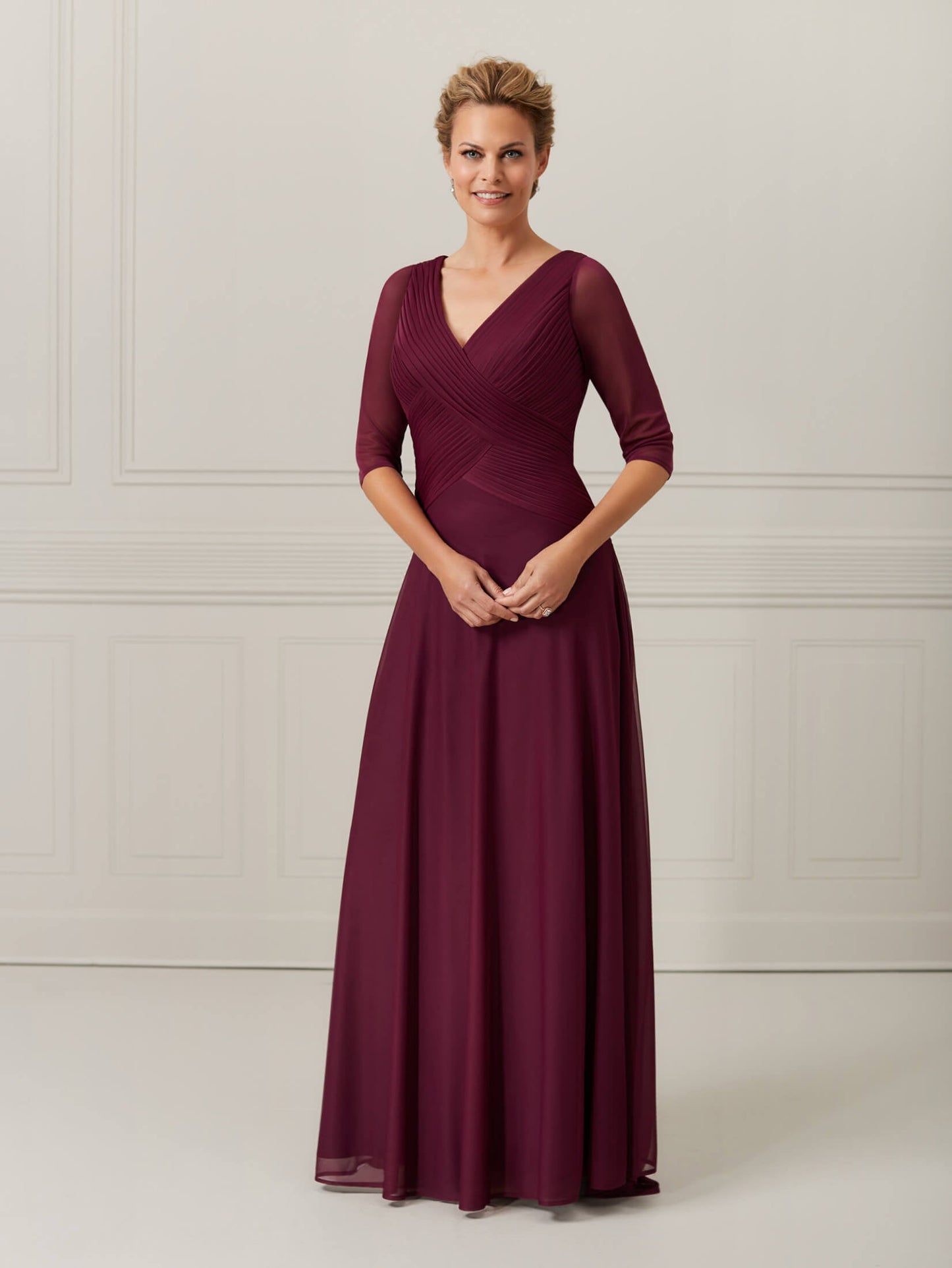 3/4-Sleeve Jersey Chiffon A-Line Dress