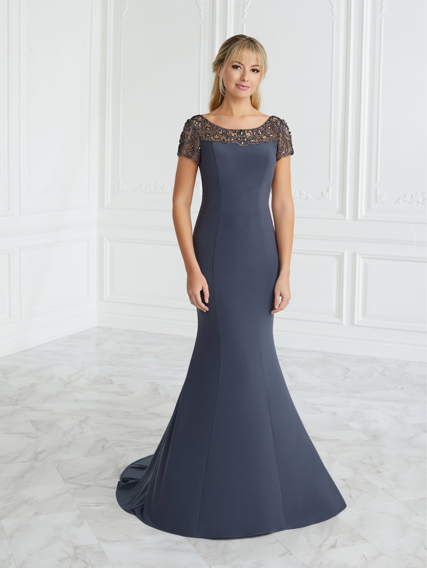 Jersey and Crystal-Trim Illusion Sheath Gown