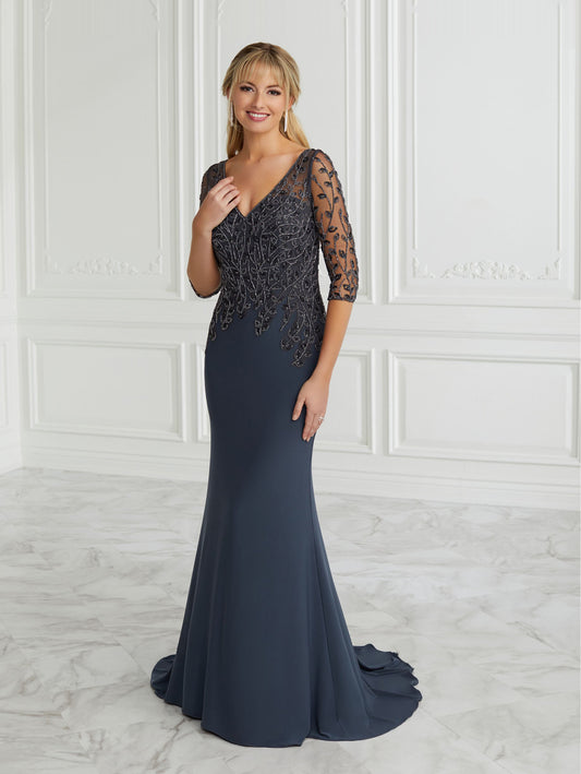 Hand-Beaded Mesh and Jersey Trumpet Gown