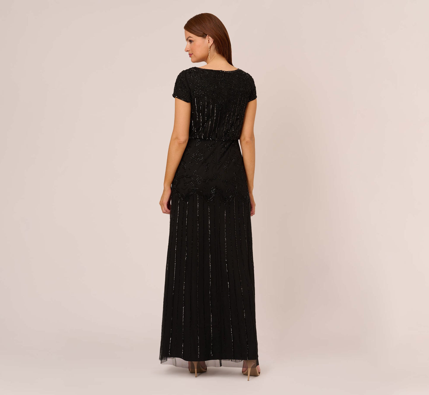Short Sleeve Blouson Beaded Gown In Black