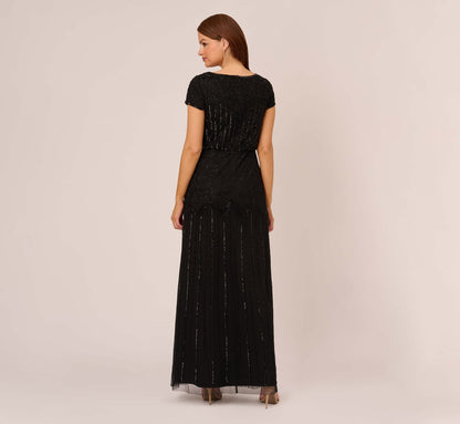Short Sleeve Blouson Beaded Gown In Black
