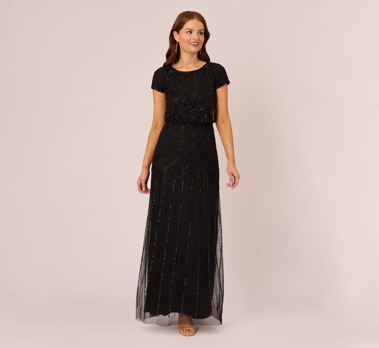 Short Sleeve Blouson Beaded Gown In Black