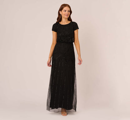 Short Sleeve Blouson Beaded Gown In Black
