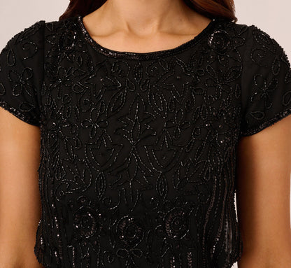 Short Sleeve Blouson Beaded Gown In Black