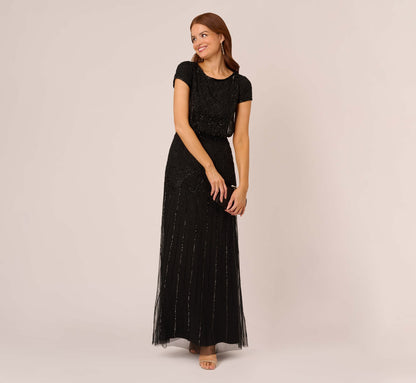Short Sleeve Blouson Beaded Gown In Black