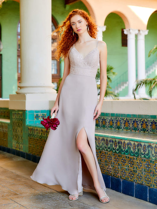 Chiffon and Lace Gown with Side Slit