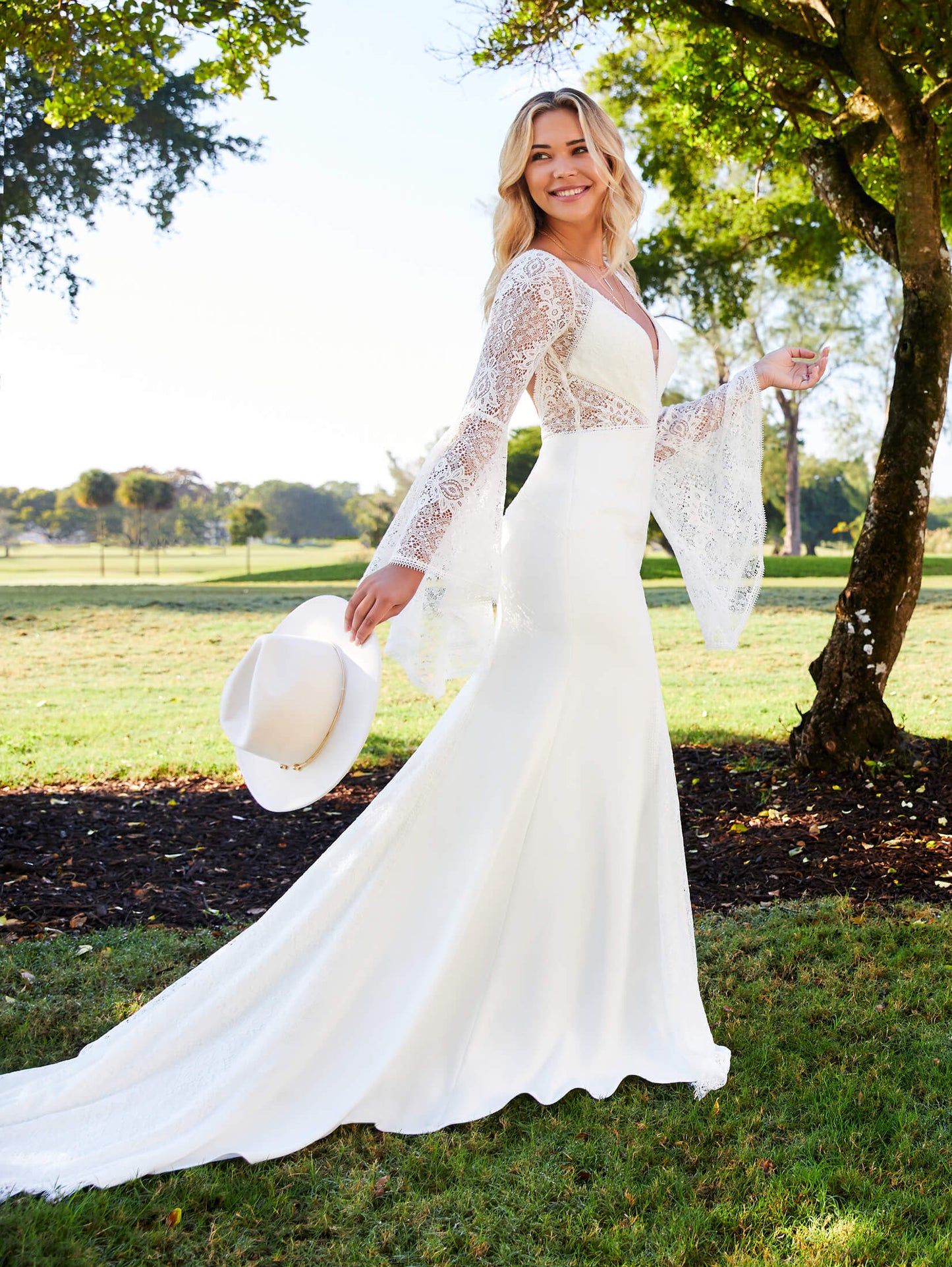 Lace and Crepe Bell Sleeve Gown