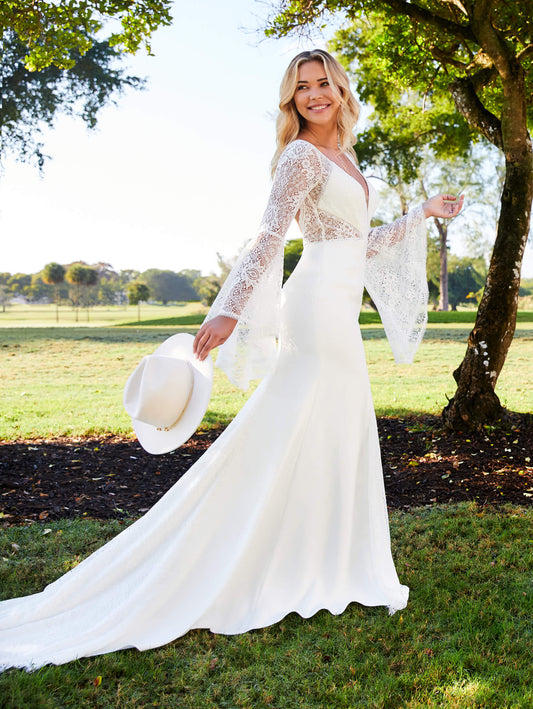 Lace and Crepe Bell Sleeve Gown