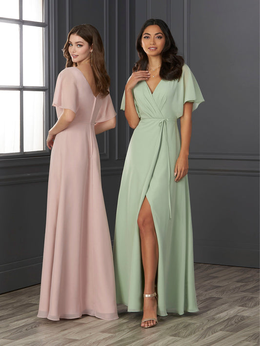 Chiffon A-Line Gown with Flutter Sleeves