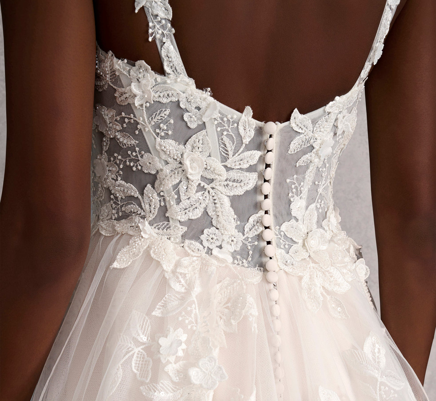 Hand Beaded 3D Floral Lace And Tulle A-Line Gown In Ivory Almond Nude