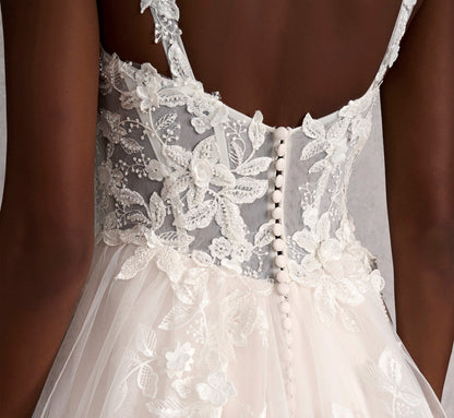Hand Beaded 3D Floral Lace And Tulle A-Line Gown In Ivory Almond Nude