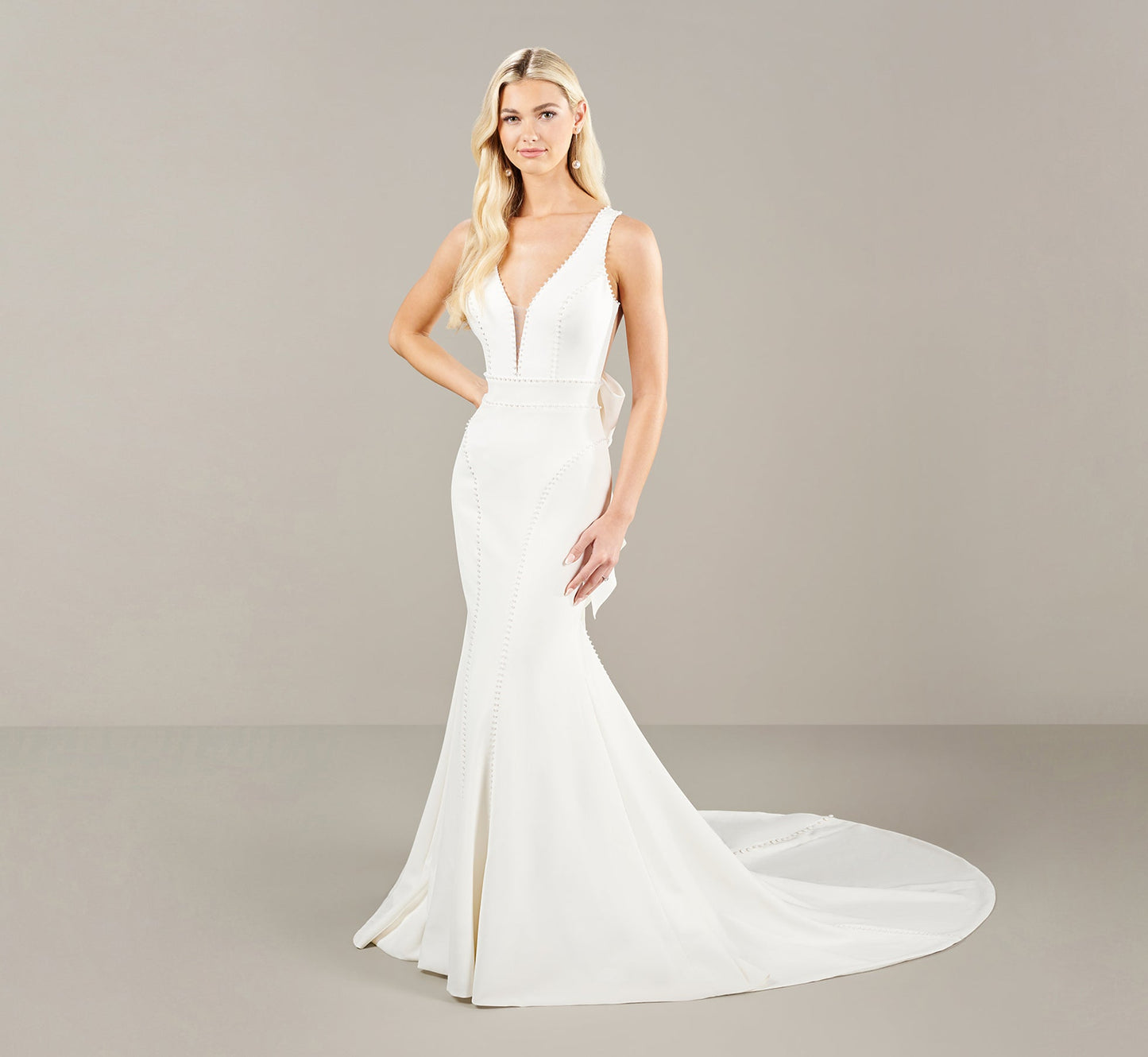 Stretch Crepe Wedding Dress With Pearl Trim In Ivory