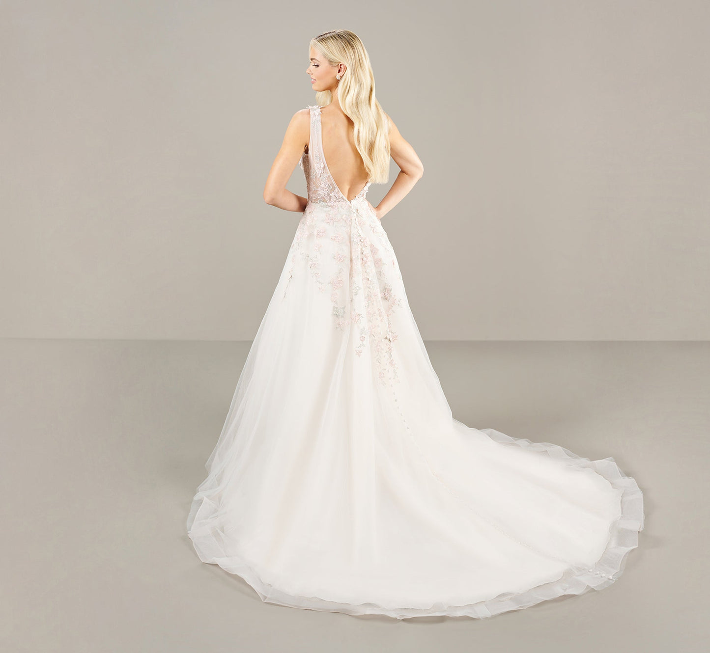 Plunging V Neck With Blush Multi Lace Applique Gown In Ivory Blush Multi