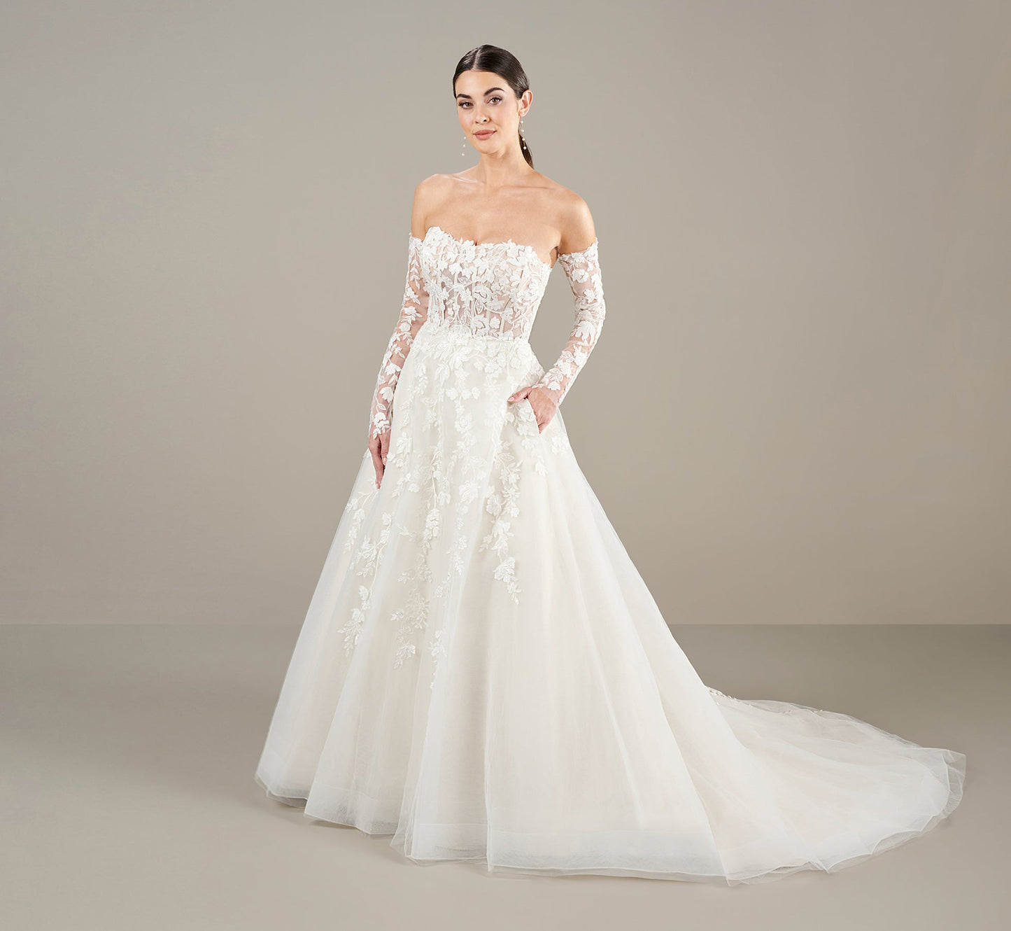 Strapless Lace Applique A Line Wedding Gown In Ivory Oyster