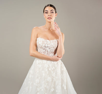 Strapless Lace Applique A Line Wedding Gown In Ivory Oyster