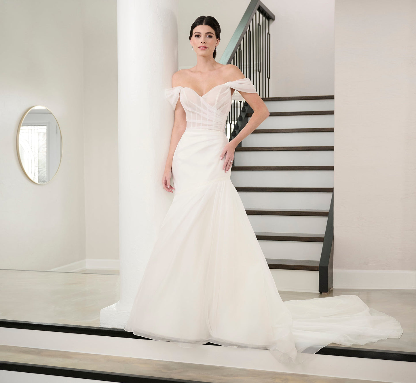 Watercolor Printed Organza Gown In Ivory