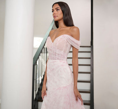 Watercolor Printed Organza Gown In Blush Multi