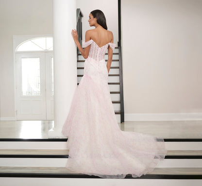 Watercolor Printed Organza Gown In Blush Multi