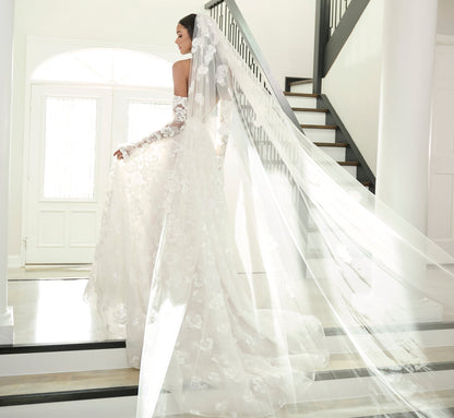 All Over Lace A-Line Gown In Ivory French Lilac Nude