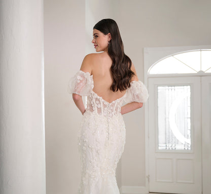 Beaded And Lace Gown In Ivory Nude