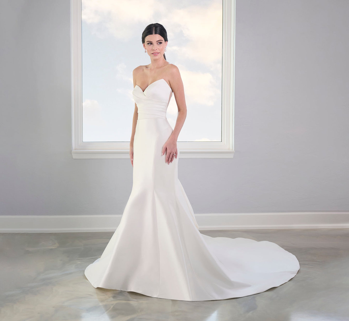 Stretch Mikado Gown With Studded Pearl Jacket In Ivory