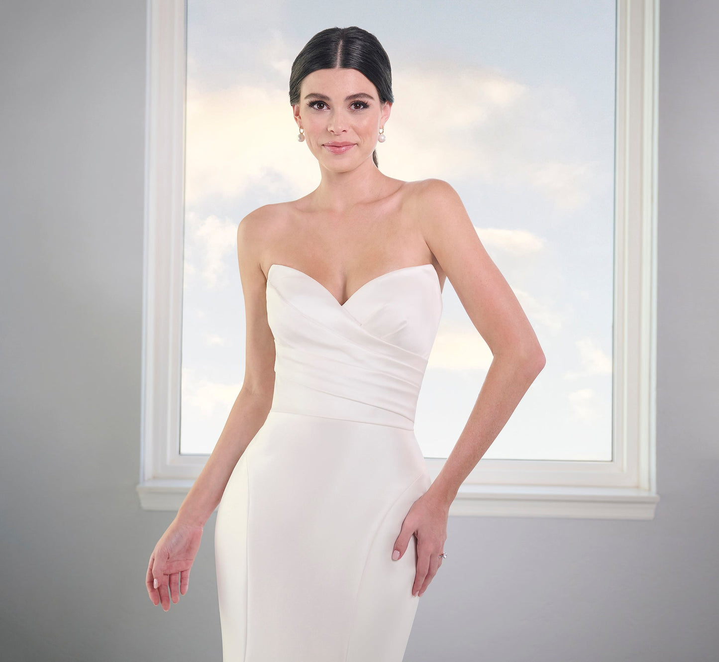 Stretch Mikado Gown With Studded Pearl Jacket In Ivory