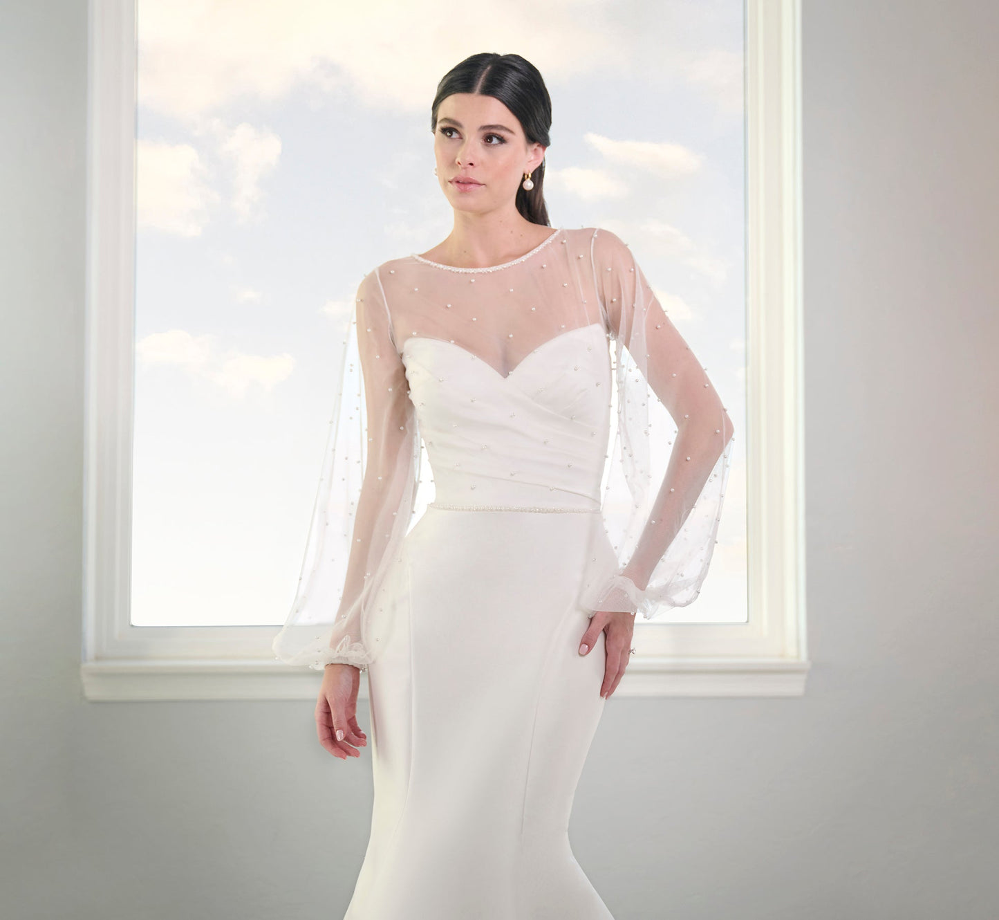 Stretch Mikado Gown With Studded Pearl Jacket In Ivory