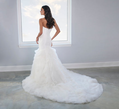 Tulle And Organza Ruffled Gown With Paneled Mikado Bodice In Ivory