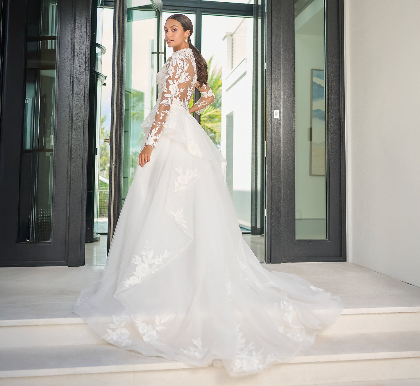 Chantilly Lace Short Dress with Detachable Tulle Overskirt in Ivory French Lilac Nude