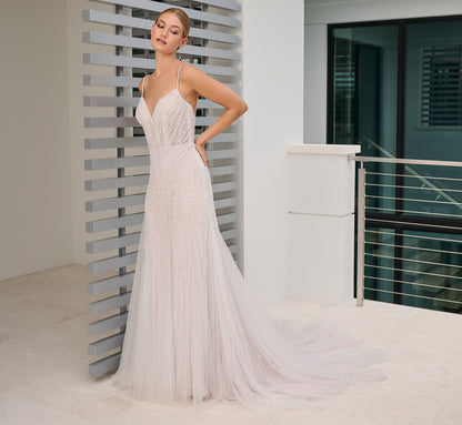 Micro Beaded Lace Slim Gown in Ivory French Lilac