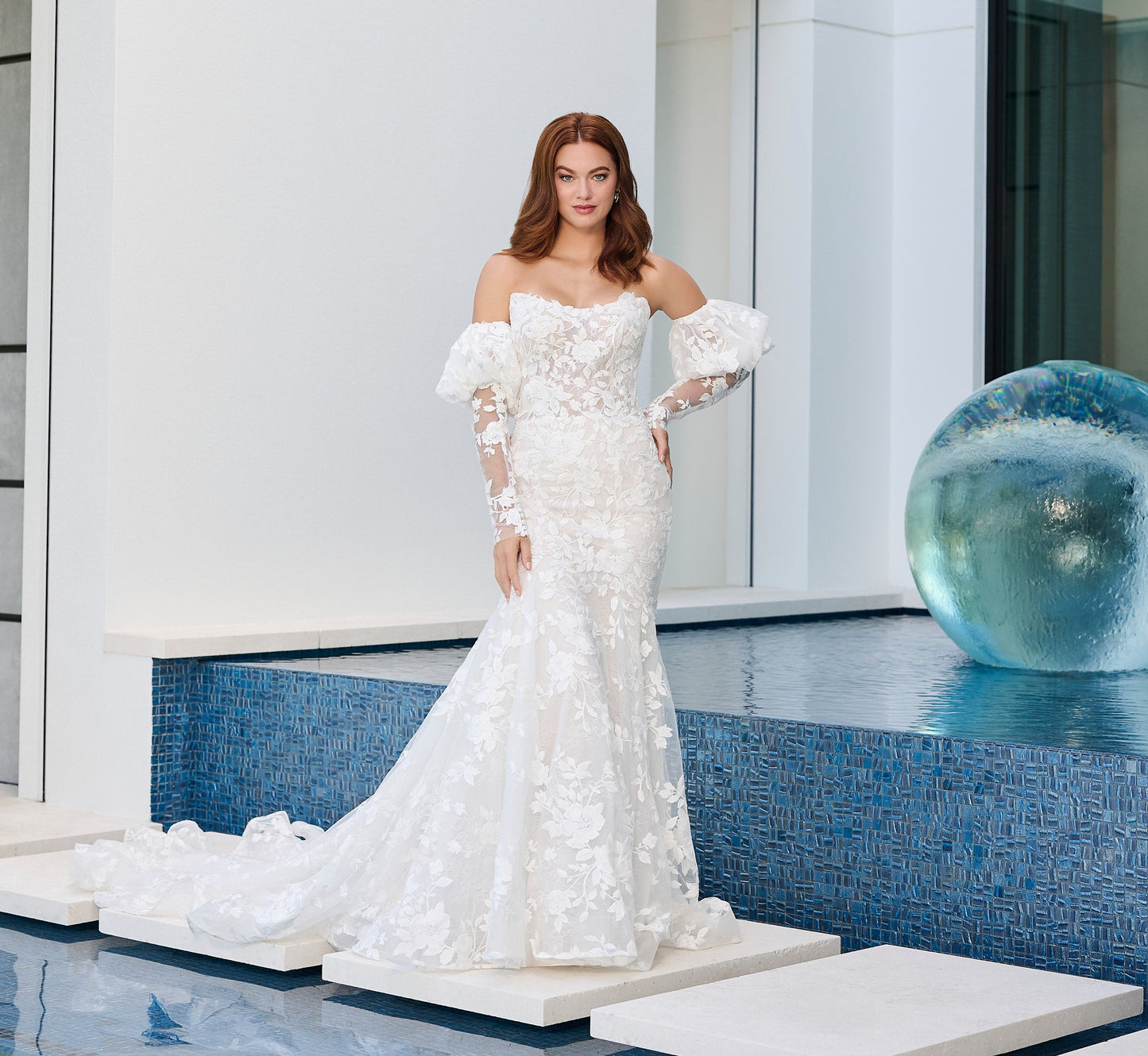 Floral Matte Lace Mermaid Gown in Ivory Almond Nude