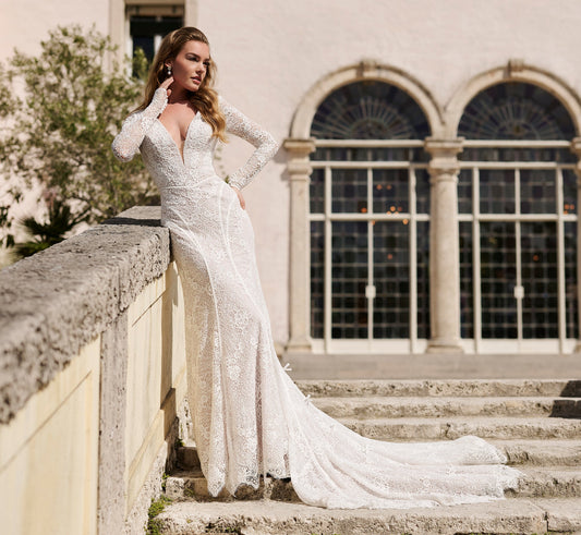 All over lace gown in Ivory French Lilac