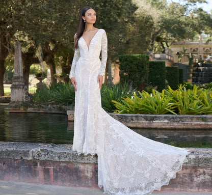 All over lace gown in Ivory French Lilac
