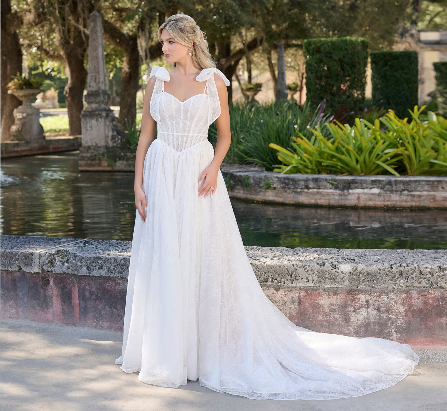 Chantilly lace a-line gown in Ivory French Lilac