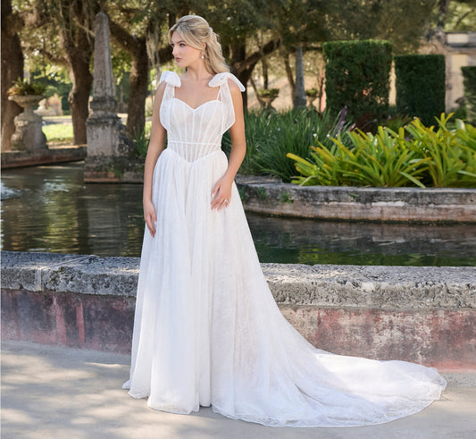 Chantilly lace a-line gown in Ivory French Lilac