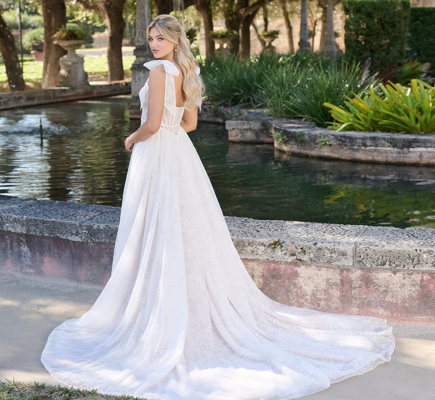 Chantilly lace a-line gown in Ivory French Lilac