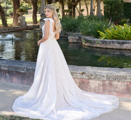 Chantilly lace a-line gown in Ivory French Lilac