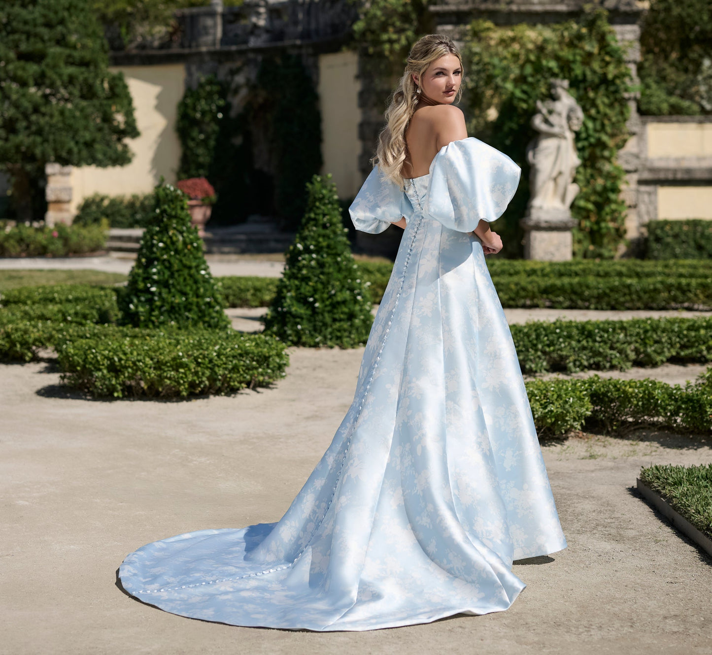 Printed Mikado A-line gown in Bluebell