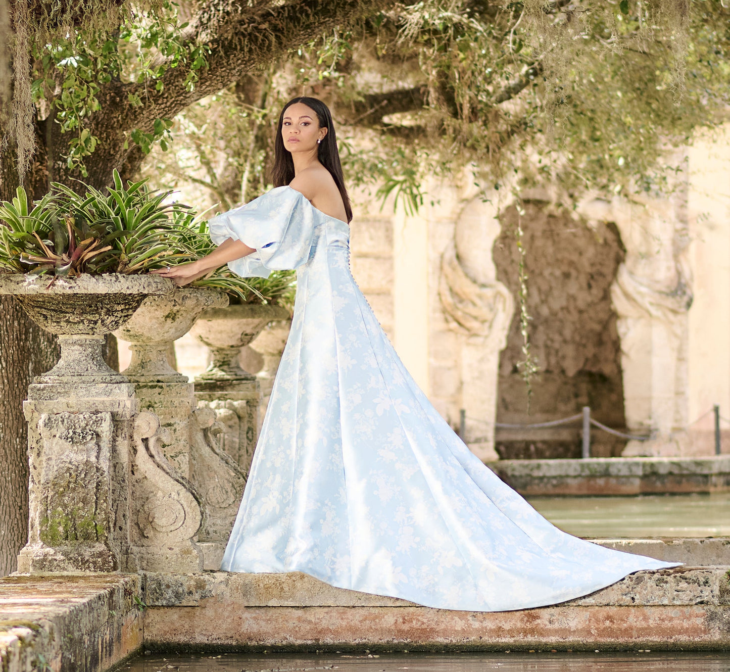 Printed Mikado A-line gown in Bluebell