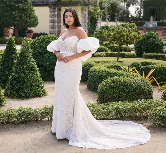 All Over Lace Slim Gown with Mikado shrug in Ivory Almond