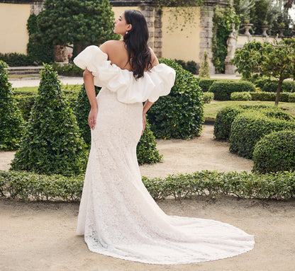 All Over Lace Slim Gown with Mikado shrug in Ivory Almond