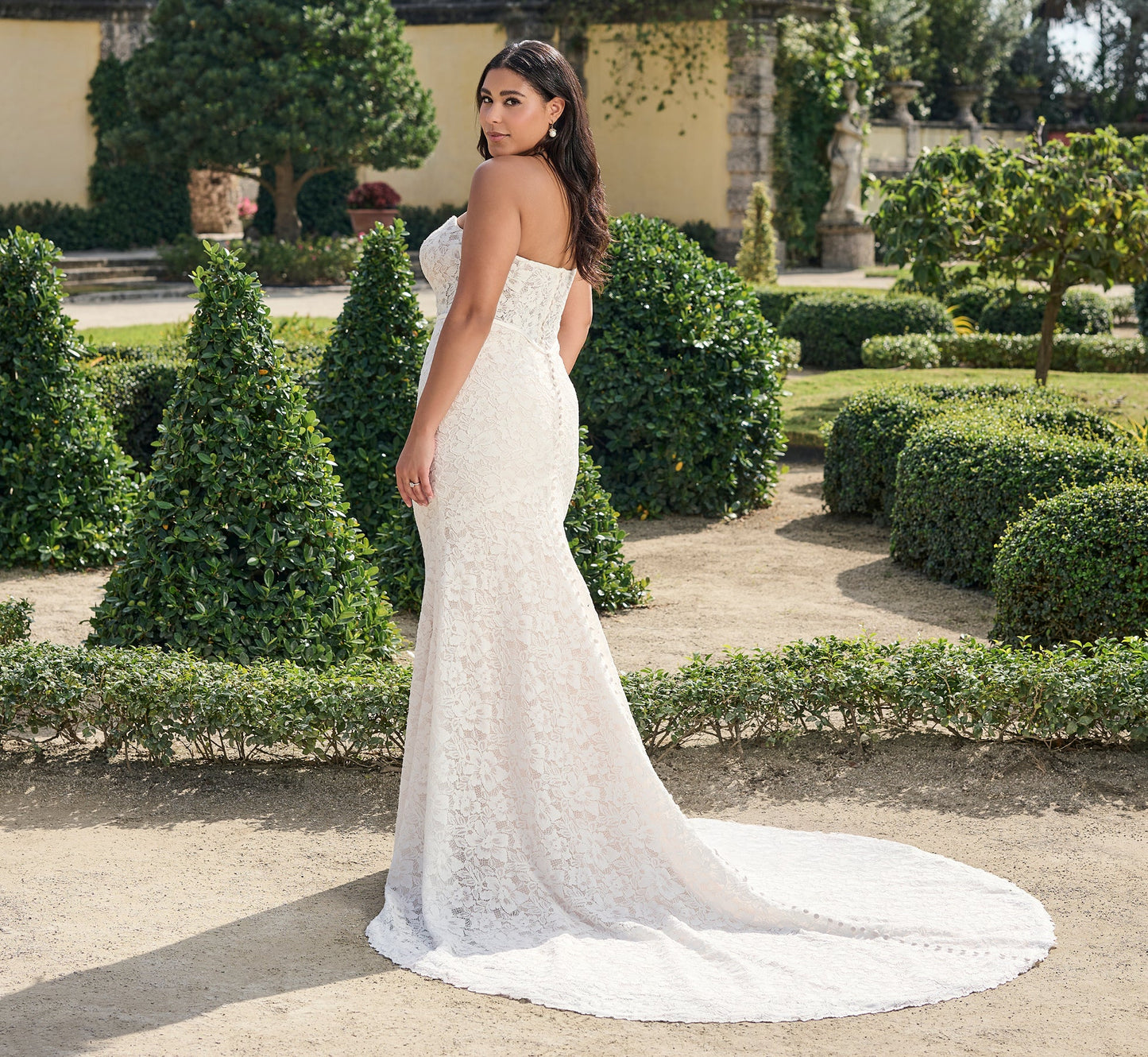 All Over Lace Slim Gown with Mikado shrug in Ivory Almond