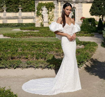 All Over Lace Slim Gown with Mikado shrug in Ivory