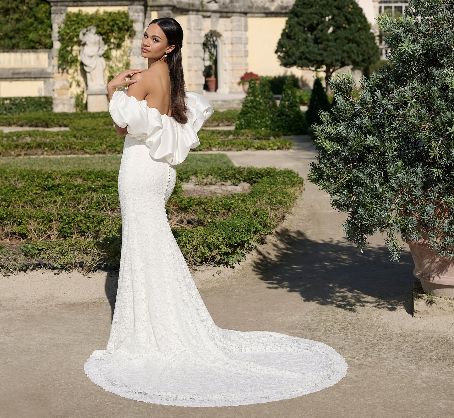 All Over Lace Slim Gown with Mikado shrug in Ivory