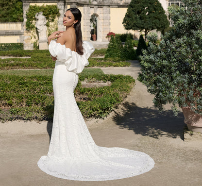 All Over Lace Slim Gown with Mikado shrug in Ivory