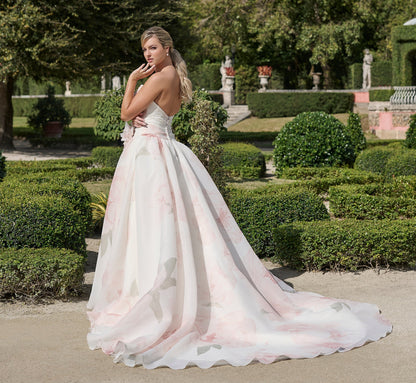 Printed Satin Faced Organza ballgown in Blushing Peony